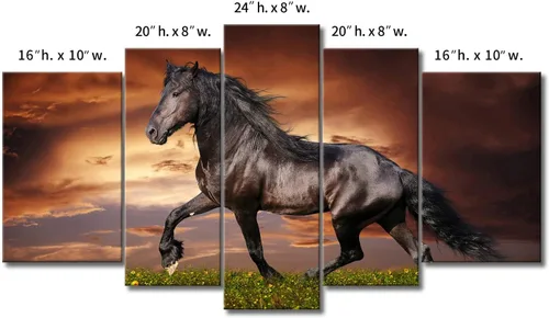 Miniatura 7 de Arte de pared de 5 paneles negro Friesian Running Horse Trot en el campo al atardecer, hierba y flores, cuadros impresos en lienzo, animales