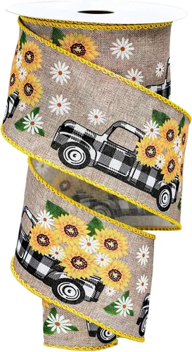 Whaline Cinta vintage con borde de alambre para camión de girasol, para primavera y verano, diseño floral de búfalo a cuadros, cinta de envoltura