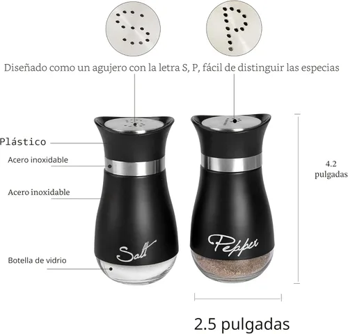 Miniatura 3 de Juego de salero y pimentero de acero inoxidable y vidrio con soporte (NEGRO)
