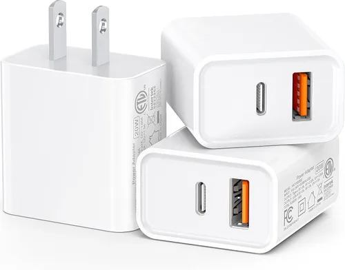 Miniatura 12 de Paquete de 3 cargadores tipo C, enchufe de pared USB C de doble puerto de 20 W PD y QC USB A bloque de carga rápida para Samsung Galaxy S24