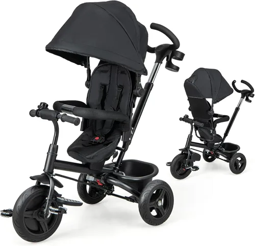 Miniatura 11 de HONEY JOY Triciclo, cochecito 6 en 1 para niños con asa de empuje ajustable y toldo, asiento reversible, cinturón de seguridad, pedal plegable, Gris