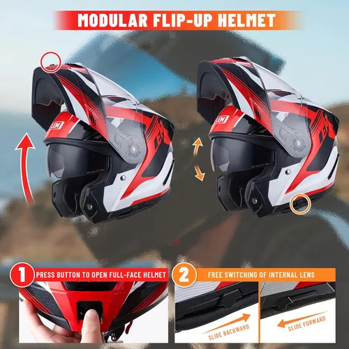 Miniatura 3 de LEM Cascos modulares de motocicleta de fibra de vidrio, casco de motocicleta de cara completa abatible para excursiones, certificado por DOT, visera