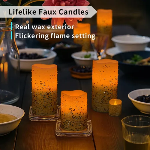 Miniatura 2 de FURORA LIGHTING Velas sin llama con purpurina dorada, cera real, brillo ajustable, control remoto y temporizador, 4 pilares (3 x 4, 3 x 6) y 4 Oro