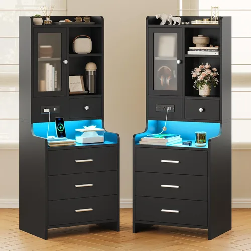 Miniatura 8 de ADORNEVE Mesita de noche alta con estación de carga y luces LED, mesita de noche de 49.2 pulgadas con estantería, mesita de noche negra con cajones