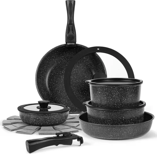 Juego de utensilios de cocina antiadherentes de alta calidad de 15 piezas, ollas y sartenes recubiertas de mármol (interior y exterior), mango