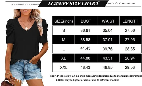 Miniatura 5 de Camiseta casual de verano con cuello en V para mujer, manga abombada, fruncida, elegante