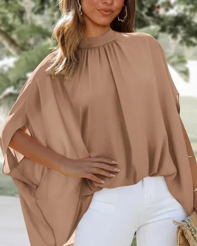 Miniatura 145 de BTFBM Blusas de verano para mujer, cuello alto falso, manga murciélago, holgadas, dobladillo alto y bajo, blusas informales de gran