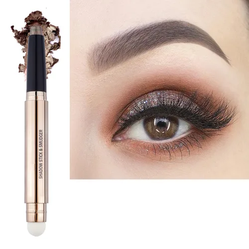 Barra de sombra de ojos marrón y brocha de maquillaje con esponja, lápiz de sombra de ojos cremoso y brillante de larga duración, resistente al