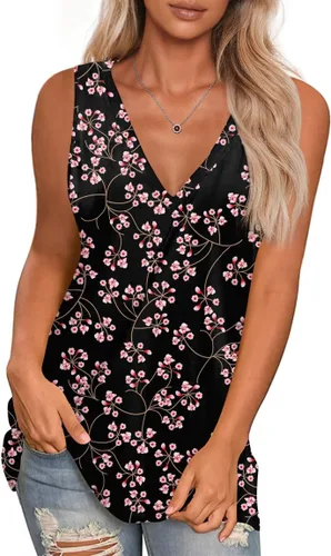 LONGYUAN - Camisetas sin mangas de verano para mujer con diseño casual y holgado, blusa tipo túnica con cuello en V y aberturas laterales