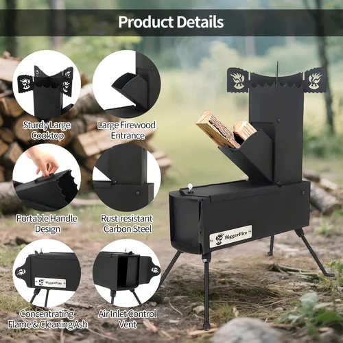 Miniatura 3 de Estufa de cohete portátil plegable de leña para acampar para cocinar al aire libre, picnic, barbacoa, caza, pesca, estufa de cohete de bolsillo