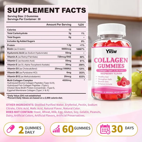 Miniatura 2 de Gomitas de colágeno para mujeres y hombres, proteína de colágeno hidrolizada tipo I II III V X con biotina vitamina C A B D E ácido hialurónico