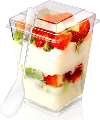 Miniatura 9 de Paquete de 100 Vasos de Postre de Plástico de 5 oz con Tapas y Cucharas, Vasos de Parfait de Yogur y Aperitivos para Fiestas, Mini Vasos de Postre