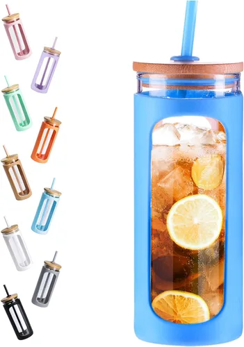 Miniatura 23 de Kodrine Vaso para agua de vidrio de 20 onzas con popote y tapa, botella de agua con tapas de bambú, taza para café helado, reutilizable, boca ancha