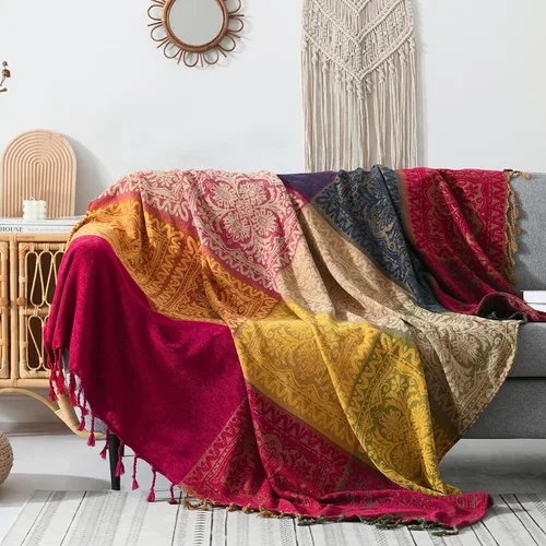 Miniatura 10 de Manta bohemia tejida para sofá, manta jacquard colorida de chenilla más suave, decoración hippie para sofá, silla, 60 x 75 pulgadas, azul marino