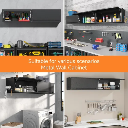Miniatura 7 de Coolsun Armario de Pared de Metal, Armario de Pared de Garaje con Puerta Abatible hacia Arriba, Gabinete de Almacenamiento de Metal Montado
