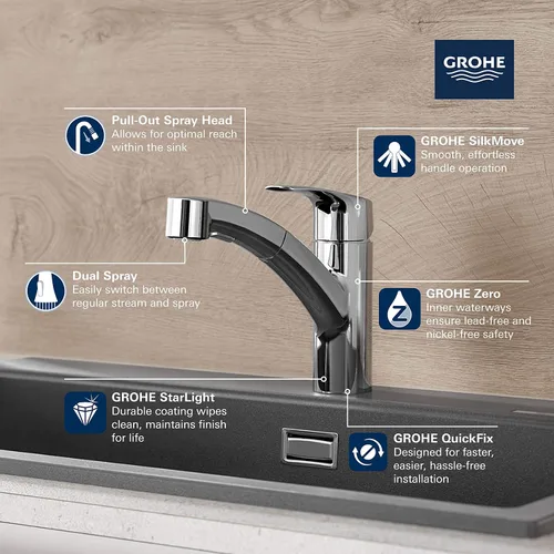 Miniatura 3 de GROHE 30306DC1 - Grifo de cocina Eurosmart de doble caño con rociador extraíble, 6.63 LPM, Supersteel (acero inoxidable)