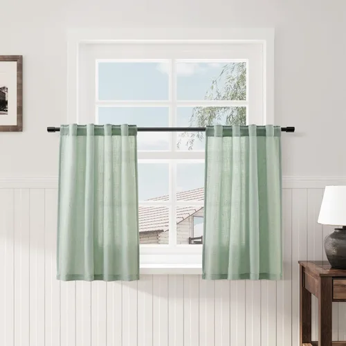 Cortinas de café verde aguamarina de 30 pulgadas de largo, de lino, filtrado de luz, plisadas, con bolsillo para barra, diseño de pestaña trasera,