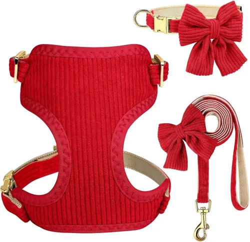 Miniatura 12 de Didog Lindo juego de arnés, collar y correa para perro pequeño con moño, arnés acolchado de malla suave y transpirable para cachorros, arnés rosa