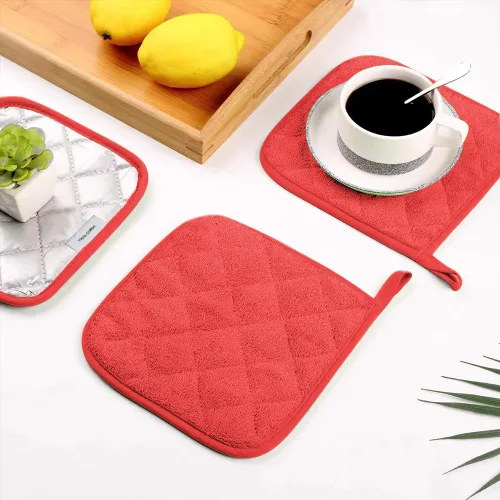 Miniatura 4 de meioro Paquete de 4 agarraderas para cocina resistentes al calor, almohadillas calientes 100% algodón, juego de soportes acolchados para ollas Rojo