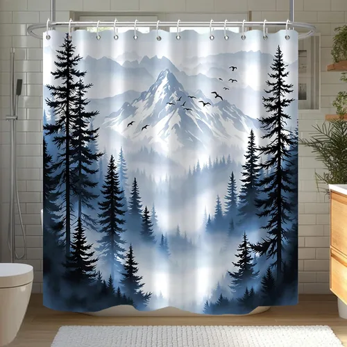 Cortina de Ducha Azul Bosque de Pino Montaña Aves Paisaje Nebuloso Cortina de Ducha Impermeable de Tela para Decoración de Baño 60x72 Pulgadas