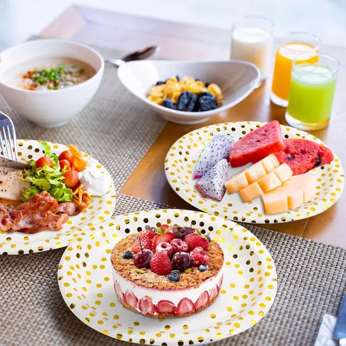 Miniatura 7 de AimFun 50 platos de papel ovalados grandes desechables dorados de lunares dorados de 10 x 12 pulgadas, bandeja decorativa para servir postres