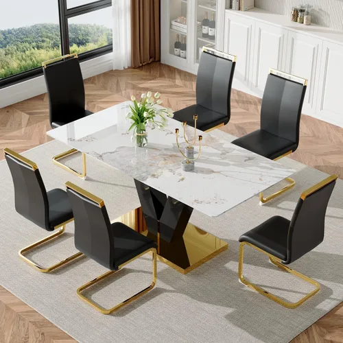 Miniatura 2 de Juego de mesa de comedor para mesa de comedor de mármol de 6,71 pulgadas, mesa de cocina moderna con 6 sillas de piel sintética, juego de mesa