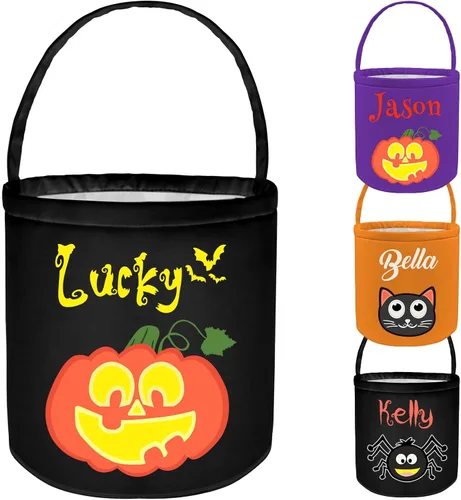 Miniatura 8 de STREADVE Cesta de Halloween para gatos, cubo con nombre personalizado, bolsas de truco o trato, regalo para niños, bolsa de dulces personalizada