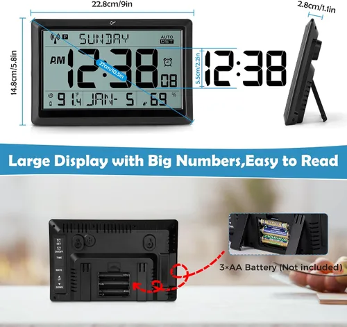 Miniatura 7 de Amgico Reloj de pared digital, reloj atómico de pantalla grande de 10.5", funciona con pilas, ajuste automático de calendario digital