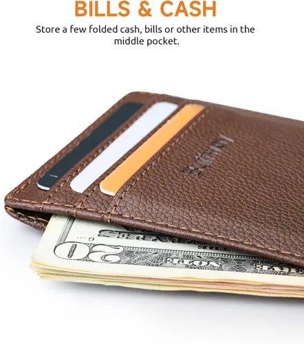 Miniatura 19 de Buffway Billetera delgada para hombre, minimalista con bolsillo frontal delgado, tarjetero de cuero con bloqueo RFID para viajes de trabajo