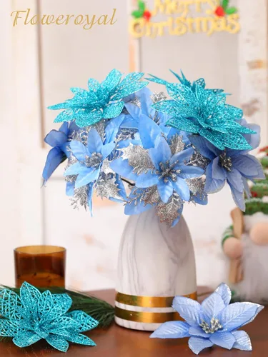 Miniatura 5 de Floweroyal 30 piezas Flores de Pascua Artificiales de Navidad Decoraciones con Clips y Tallos de Bayas Adornos con Purpurina para Árbol de Navidad