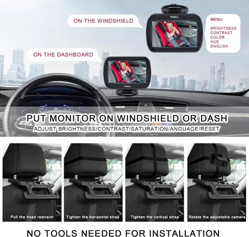 Miniatura 2 de YIMU HD720P Cámara de coche de bebé para asiento trasero, reposacabezas de automóvil, monitor de instalación rápida, visión nocturna, cámara