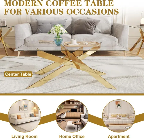 Miniatura 7 de Mesa de centro de cristal de 47 pulgadas con parte superior de vidrio templado y patas de metal dorado, mesa central rectangular moderna para sala