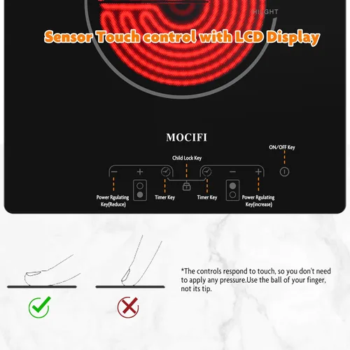 Miniatura 5 de Placa de cocina de cerámica de 12 pulgadas con enchufe de 120 V, estufa eléctrica de 1700 W, 2 quemadores, control táctil con temporizador y bloqueo