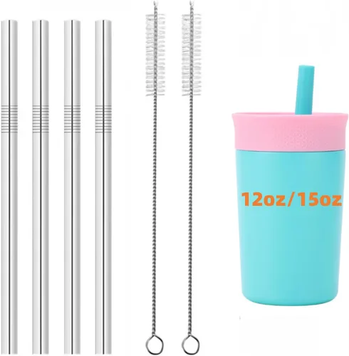 Pajitas de repuesto de metal compatibles con vaso de acero inoxidable Owala Kids con aislamiento térmico de acero inoxidable de 12 oz/15 onzas (para