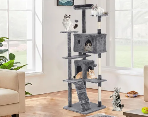 Miniatura 9 de Go Pet Club - Mueble de torre para gatos de varios niveles de 54 pulgadas de alto con poste rascador, juguetes y casa para gatos
