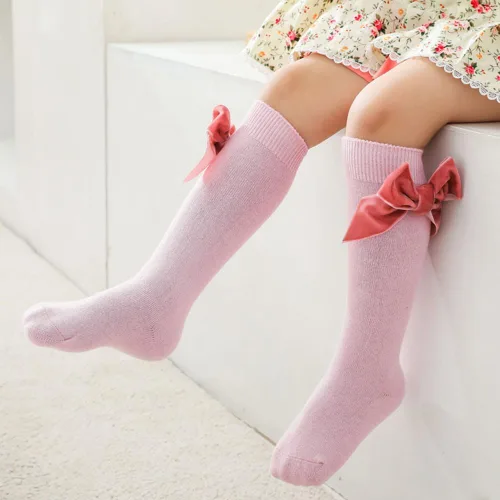 Miniatura 2 de Calcetines altos hasta la rodilla para bebés niñas, con lazo de punto y moño, calcetines de tubo con volantes para 0-7 años