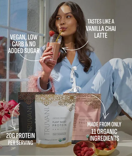 Miniatura 3 de Truvani Proteína en Polvo Vegana de Guisante Vainilla Chai 20g de Proteína Orgánica a Base de Plantas 20 Porciones Keto Sin Gluten
