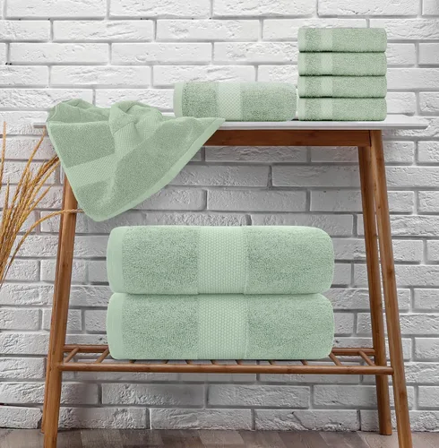 Miniatura 8 de White Classic Juego de toallas de 8 piezas color verde claro [2 toallas de baño, 2 toallas de mano, 4 toallas faciales] y 2 tapetes de baño de lujo