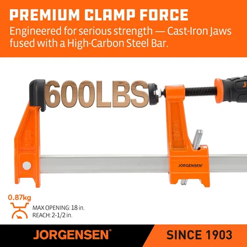 Miniatura 3 de Jorgensen 18-Inch Bar Clamp Set, Medium Duty Steel Bar Clamps for Woodworking, Wood Clamps with 600 lbs Load Limit, 2-Pack
