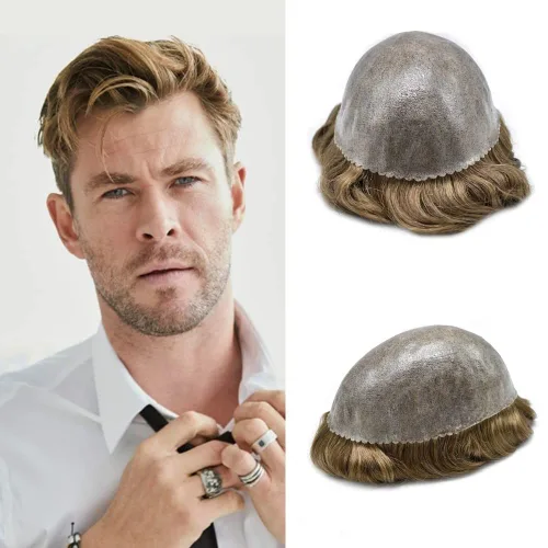 Miniatura 26 de Toupee para hombres Sistema de reemplazo de cabello humano Full Poly Mens Toupee Hairpiece inyectado PU peluca para hombre sistemas de cabello 1B#