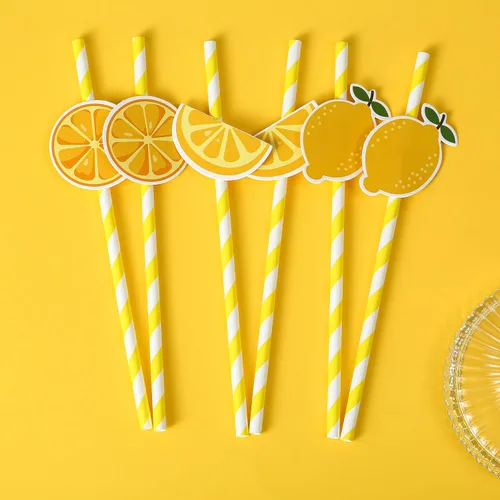 Miniatura 3 de Pajitas de papel biodegradables de limón, pajitas decorativas a rayas para fiesta de cumpleaños de limón, juego de 20.
