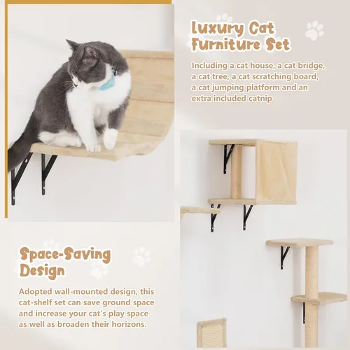 Miniatura 5 de Juego de 5 escaladores para gatos montados en la pared, estantes de madera para gatos con perchas, escalera, casa de condominio para gatos, tabla