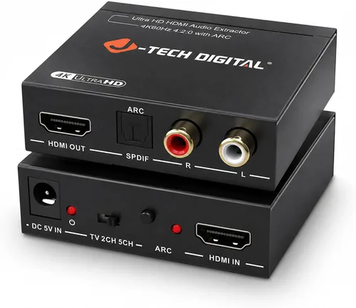 J-Tech - Convertidor de extractor de audio HDMI digital 4K 60Hz con óptica SPDIF, 3 modos de audio EDID, paso HDCP y soporte de sistema AV heredado,
