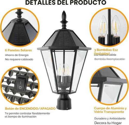 Miniatura 3 de LUTEC 12513LE4-SL-Luz de poste LED solar para exteriores, luz de calle vintage del atardecer al amanecer para césped, patio, jardín, camino, montaje