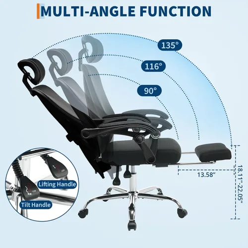 Miniatura 3 de GarveeHome Silla de oficina ergonómica de respaldo alto con respaldo de malla, reposapiés retráctil, reposacabezas ajustable y soporte lumbar, silla