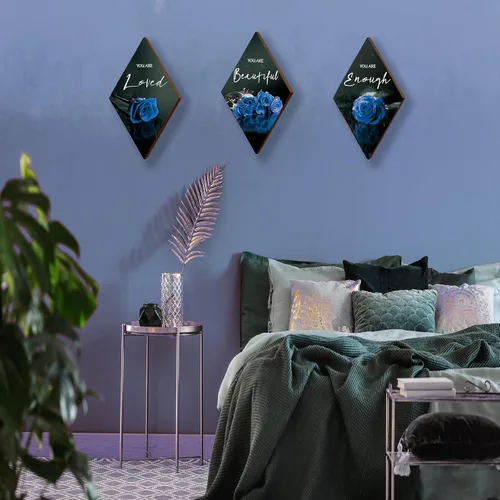 Miniatura 3 de ONIZHITY 3 piezas de decoración de pared azul de madera rosa decoración de baño citas positivas You Are Beautiful decoración azul y negro decoración