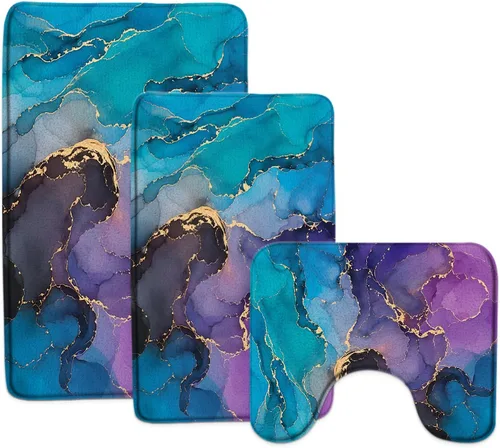GCTNBJL Juego de 3 alfombras de baño de mármol turquesa morado, textura de mármol azul abstracto, tinta dorada, venas de lujo, arte geométrico