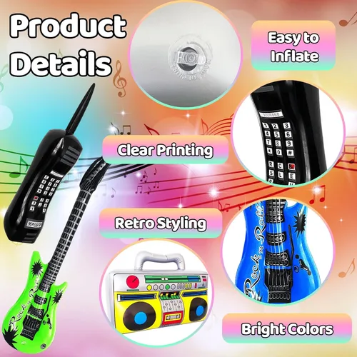 Miniatura 3 de Juego de 8 juguetes inflables de guitarra inflable para teléfono móvil retro Boombox, accesorios inflables para decoraciones de fiesta de los años