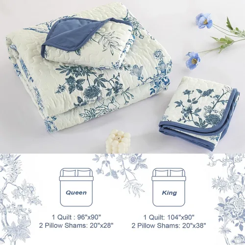 Miniatura 7 de WONGS BEDDING Juego de edredón floral matrimonial, juego de colcha con patrón botánico azul para mujeres, adolescentes y niñas, juego de ropa