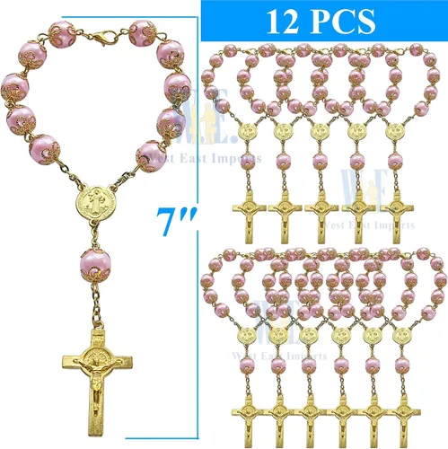 Miniatura 2 de Rosario de 12 piezas de perlas de imitación rosas para niña, recuerdo para bautizo, primera comunión, bautismo, boda, dulce 15 - Recuerdos